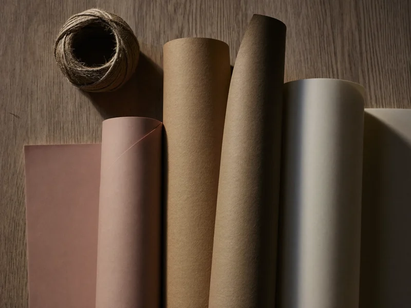 Ruller af kraft, creme og støvet rosa papir med sejlgarn
